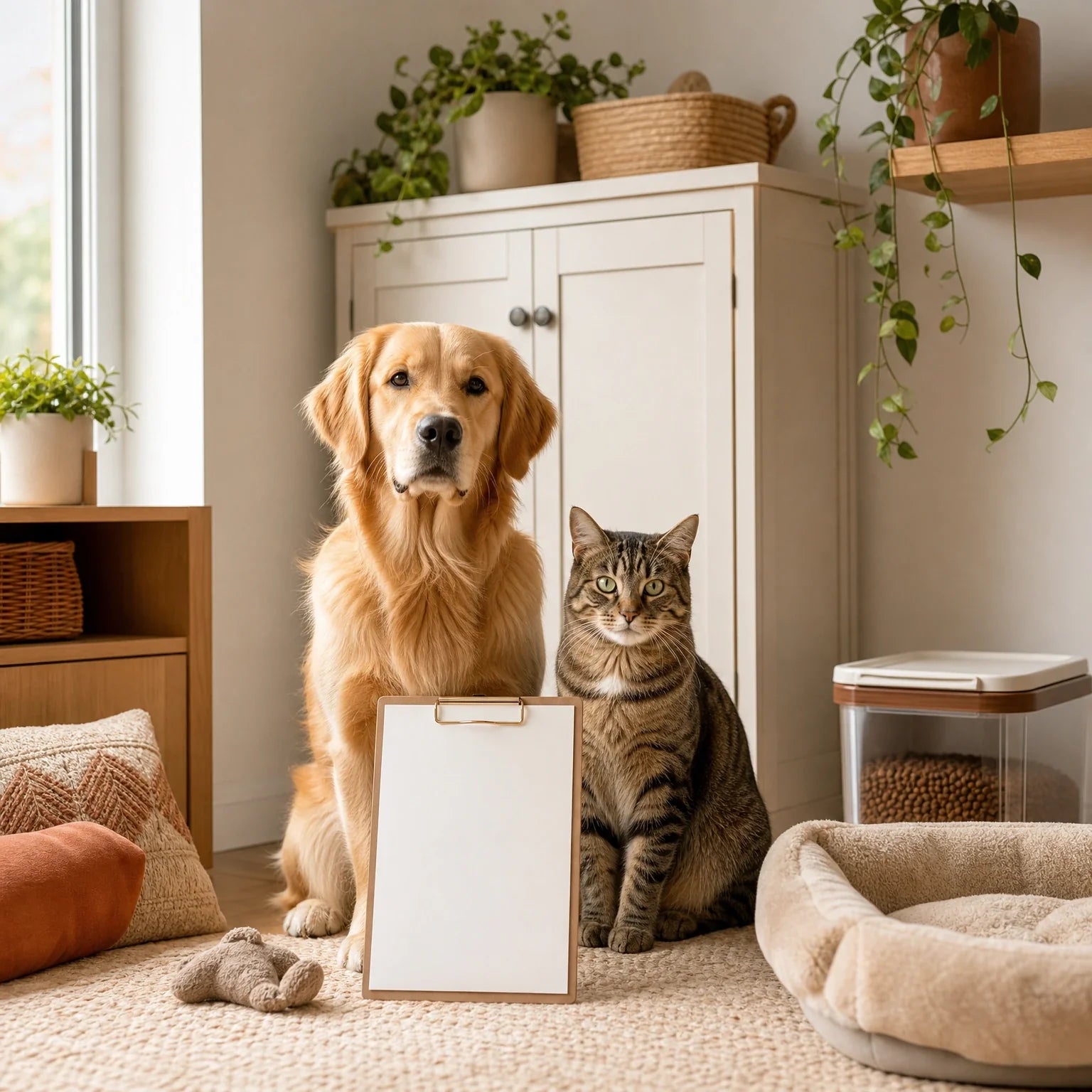 Non-toxic pet home checklist scene with dog, cat, sealed cleaners, food storage, raised plants, and washable bed