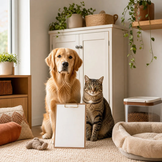 Non-toxic pet home checklist scene with dog, cat, sealed cleaners, food storage, raised plants, and washable bed