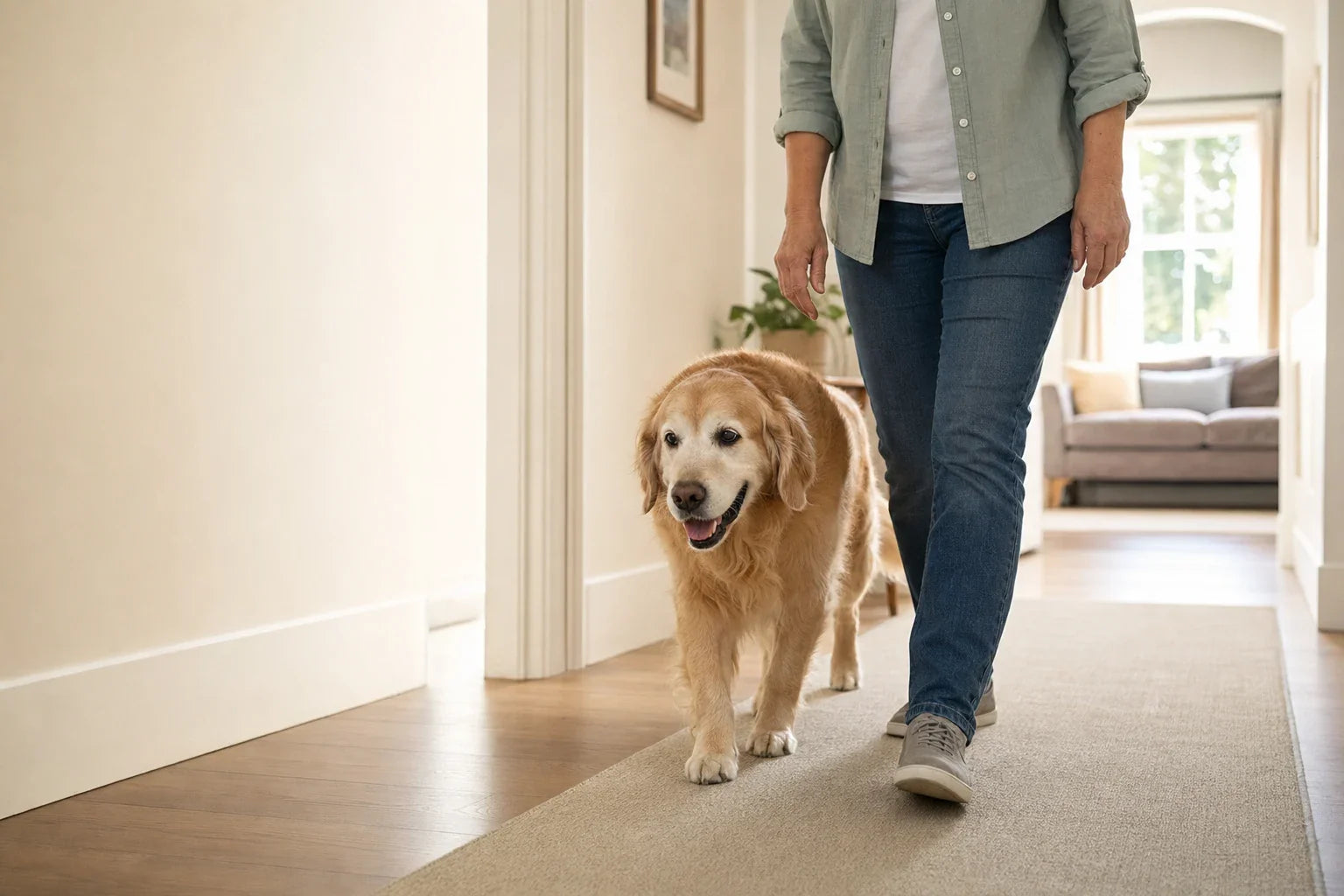 Older golden retriever walking calmly beside a caregiver on a clear home path