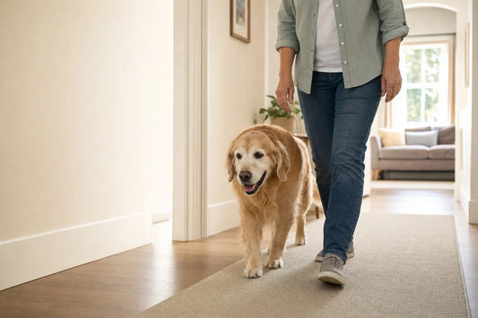 Older golden retriever walking calmly beside a caregiver on a clear home path