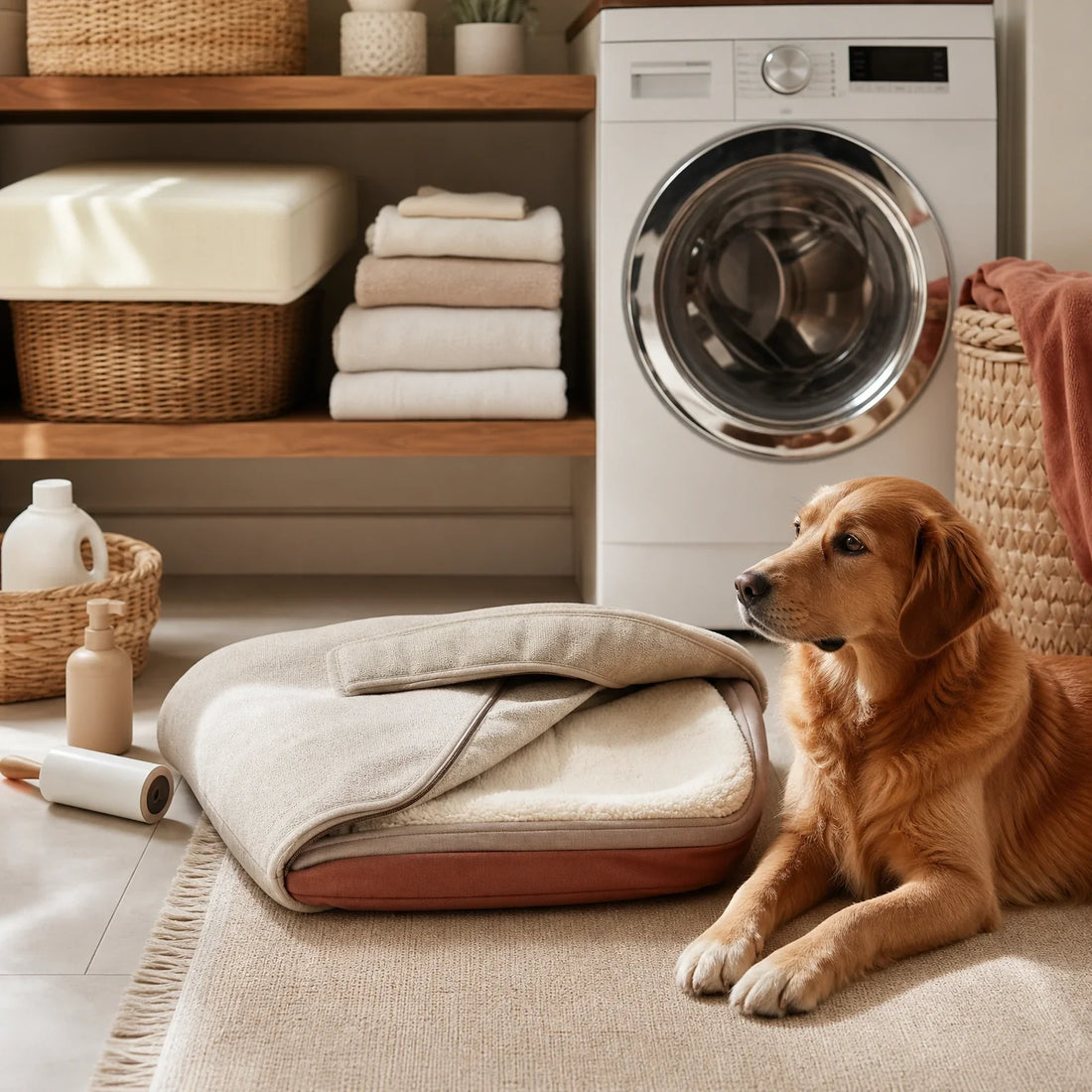 Pet bed cover being prepared for washing while foam insert stays protected