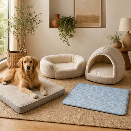 Different pet bed types arranged for choosing by sleep need