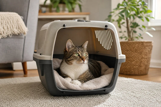 Cat resting in an open hard-sided carrier lined with a familiar blanket at home