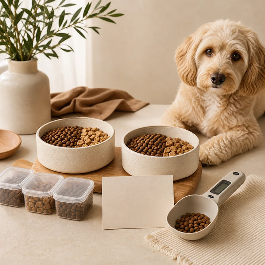 Dog and cat food transition setup with old and new food bowls, measured portions, and feeding notes