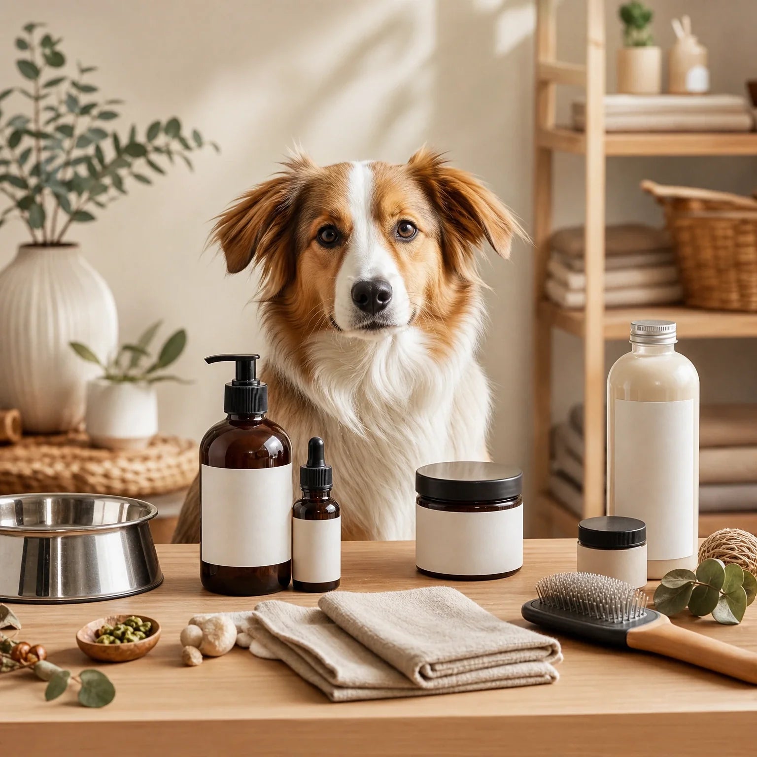 Pet product label claims review with blank labels, fabric swatch, bowl, grooming tool, and calm pet nearby