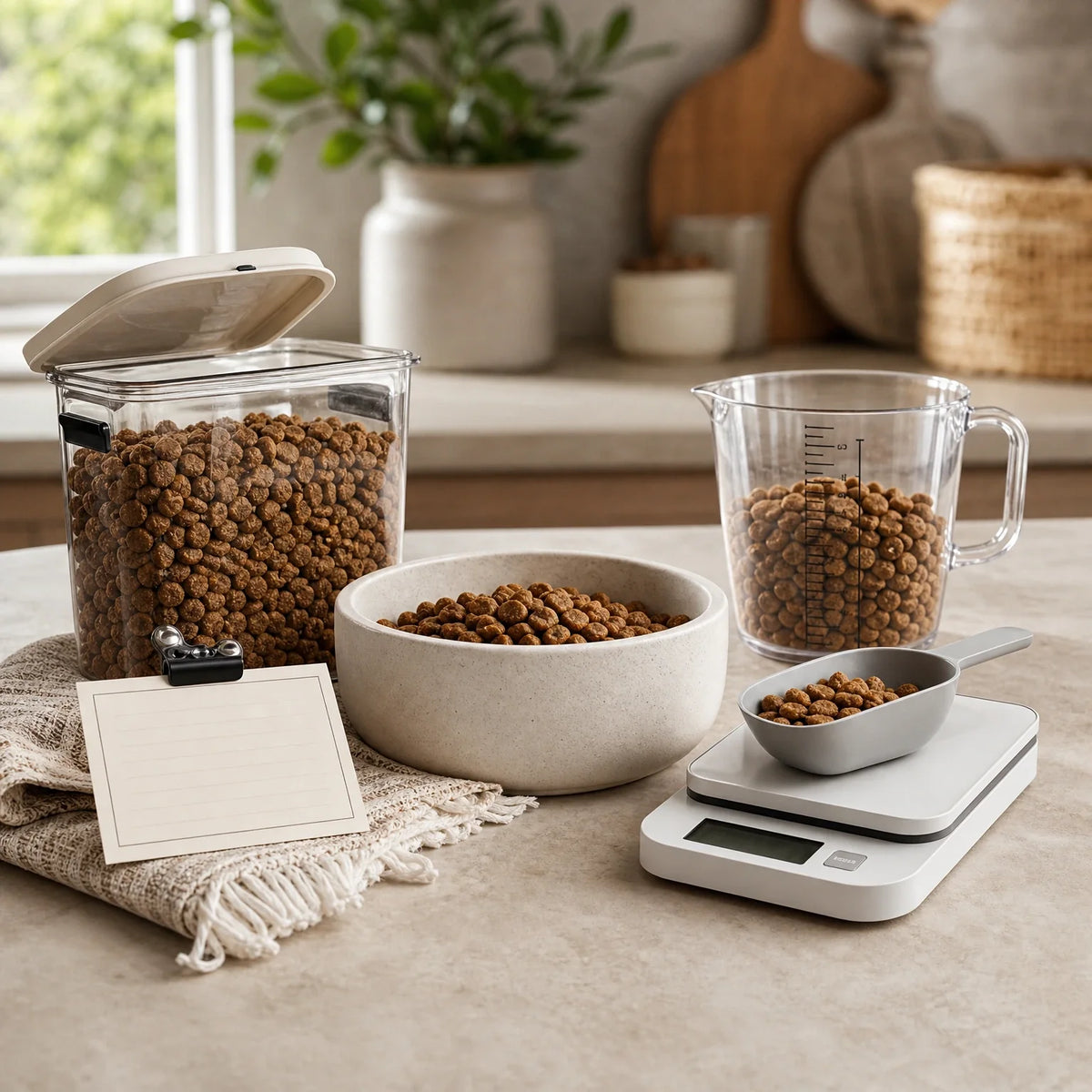 Pet portion control setup with digital scoop scale, measuring cup, clean bowl, kibble, and feeding note card