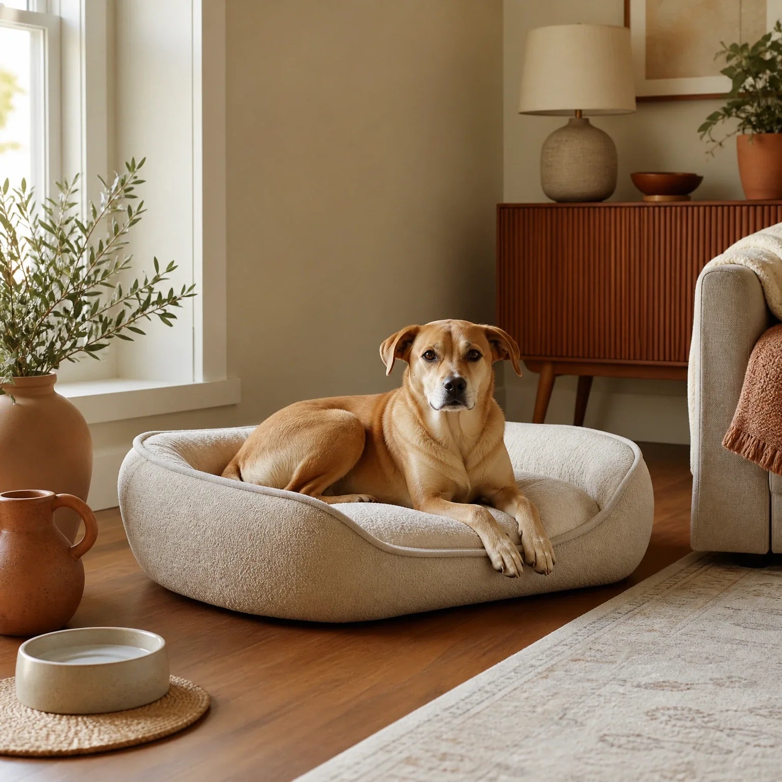 Cama para perro colocada en una habitación tranquila con un pasillo libre para caminar y agua cerca