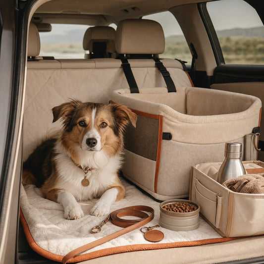 Pet travel checklist setup with carrier, secured car seat, leash, water bottle, towel, ID tag, and measured food