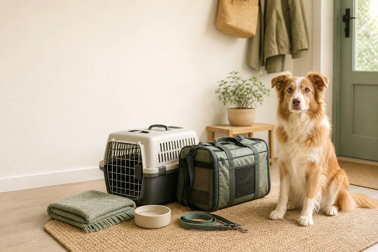 Calm dog beside a ventilated travel carrier and a neatly packed pet travel bag at home