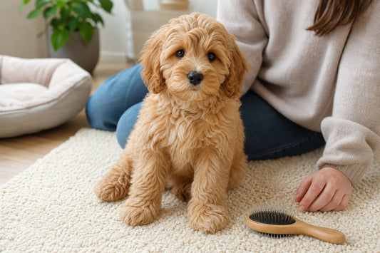 Junger apricotfarbener Cavapoo-Welpe sitzt ruhig neben einer Pflegebürste auf einem cremefarbenen Teppich, während eine Betreuungsperson in der Nähe ist