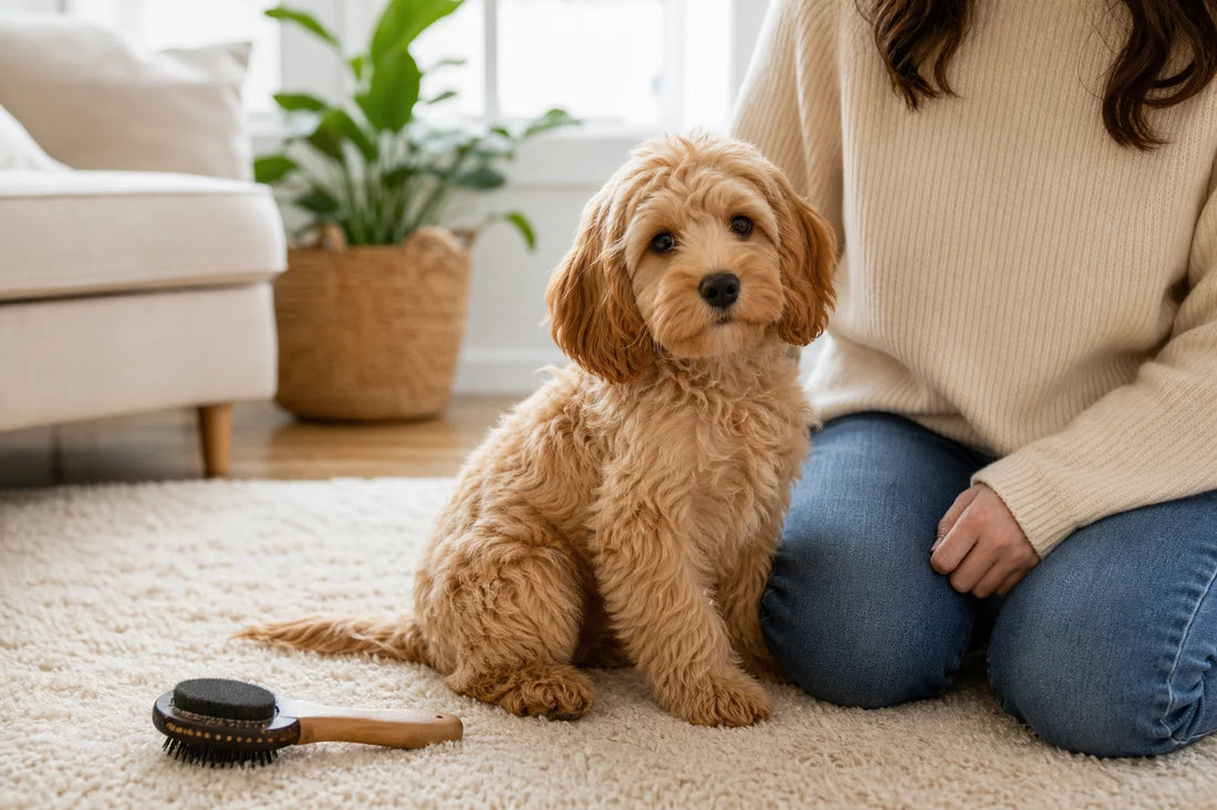 Junger apricotfarbener Cavapoo-Welpe mit sich veränderndem weichem Fell sitzt ruhig neben einer Pflegebürste und einer Betreuungsperson