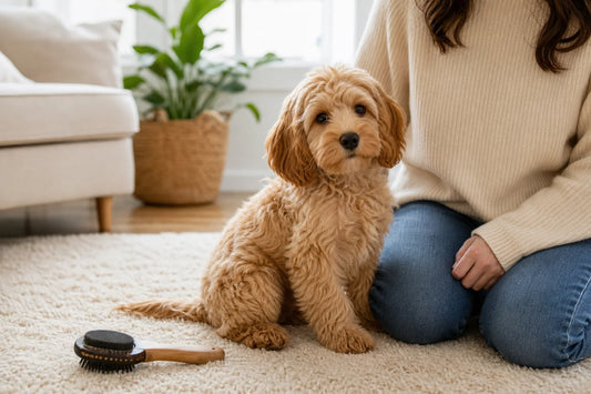 Junger apricotfarbener Cavapoo-Welpe mit sich veränderndem weichem Fell sitzt ruhig neben einer Pflegebürste und einer Betreuungsperson
