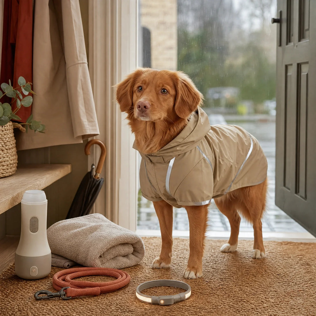 Dog wearing a reflective raincoat beside rainy walk gear including leash, towel, paw cleaner, and LED collar