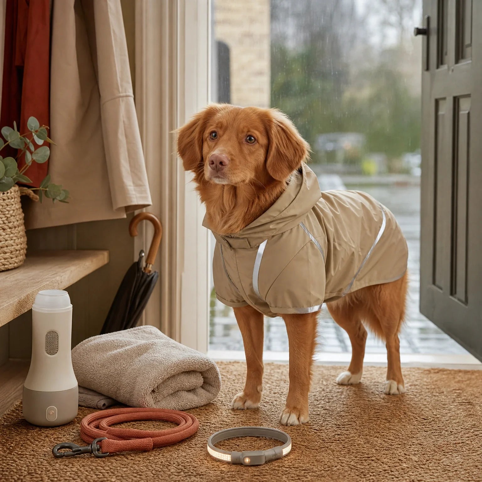 Dog wearing a reflective raincoat beside rainy walk gear including leash, towel, paw cleaner, and LED collar