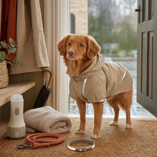 Dog wearing a reflective raincoat beside rainy walk gear including leash, towel, paw cleaner, and LED collar