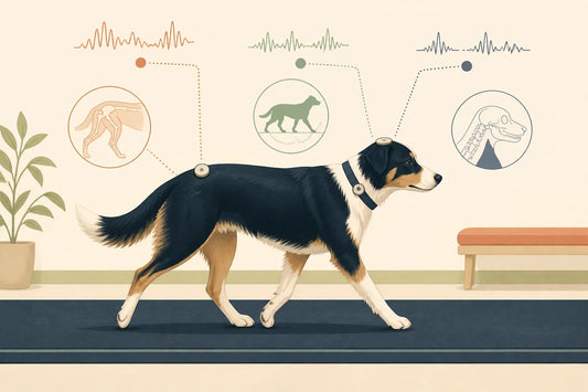 Conceptual illustration of a dog walking with small sensors at the head, back and collar, with abstract motion traces representing a controlled gait study.