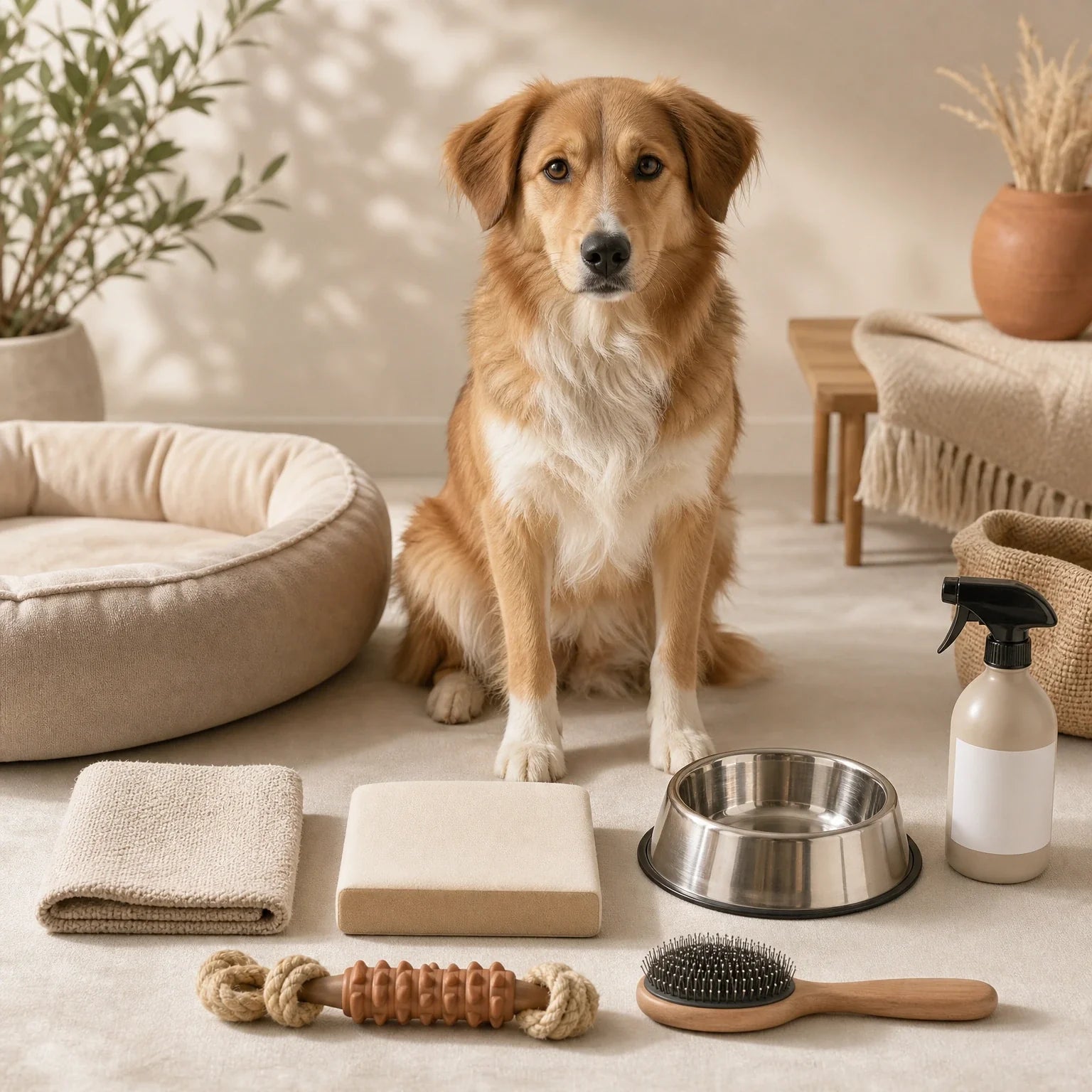 Safe pet materials comparison with washable fabric, covered foam, stainless bowl, durable toy, grooming brush, and calm dog
