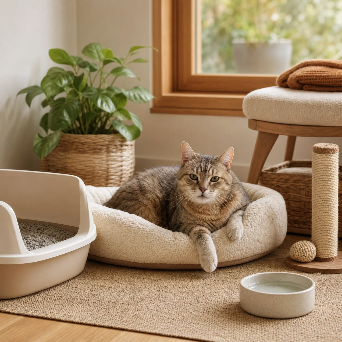 Senior cat care setup with low-entry litter box, warm washable bed, reachable perch, water bowl, and scratcher
