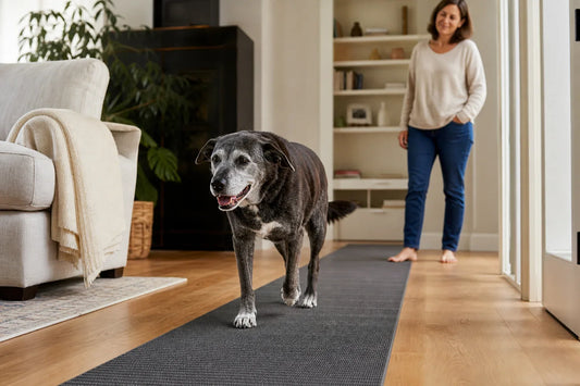 Gray-muzzled senior dog walking along a secure runner in a bright uncluttered living room.