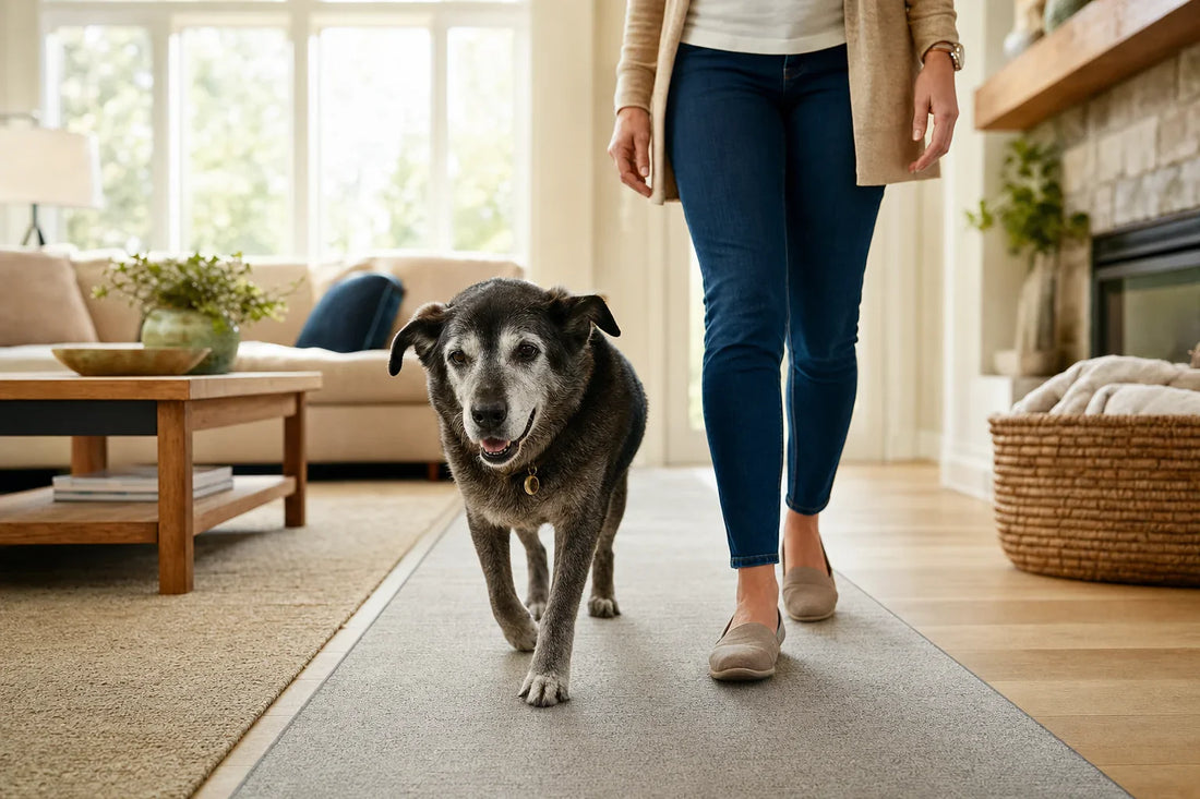 Older dog and caregiver sharing a quiet morning on a non-slip runner in a tidy living room.