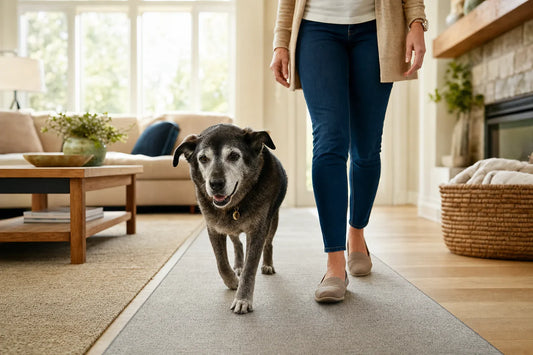 Older dog and caregiver sharing a quiet morning on a non-slip runner in a tidy living room.