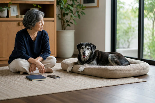 Senior mixed-breed dog resting on a low bed while a caregiver sits nearby with a notebook