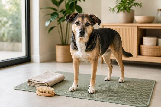 Short-haired dog standing calmly on a non-slip mat beside a brush and folded towel