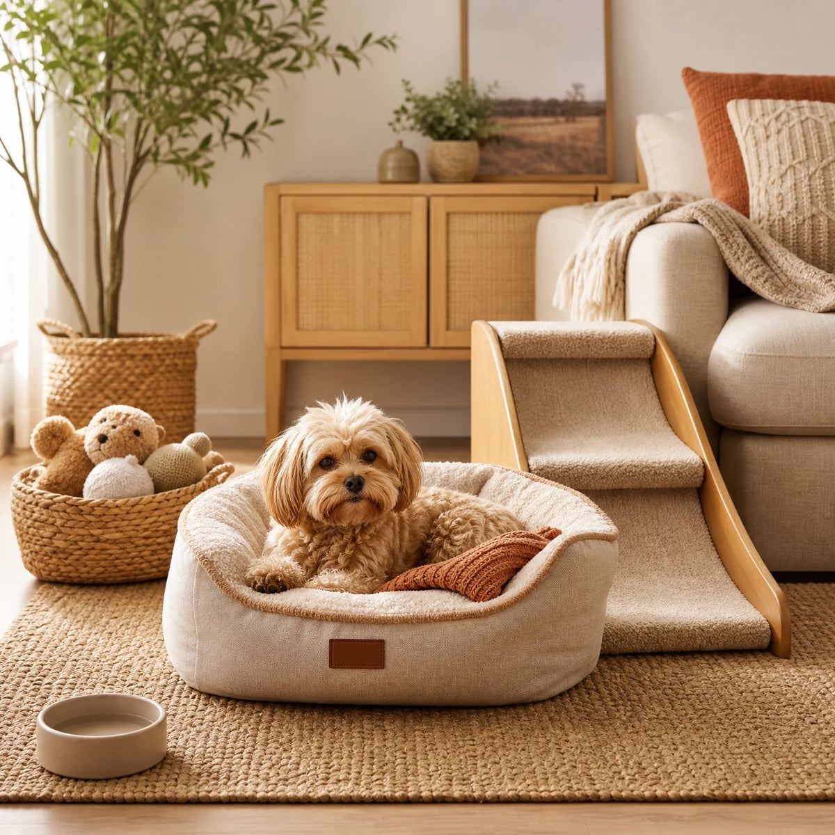 Small dog home setup with low stairs, washable bed, shallow bowl, traction rug, toy basket, and warm room