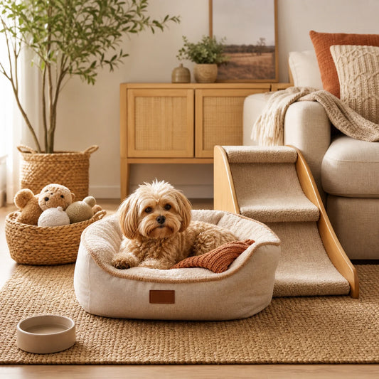 Small dog home setup with low stairs, washable bed, shallow bowl, traction rug, toy basket, and warm room