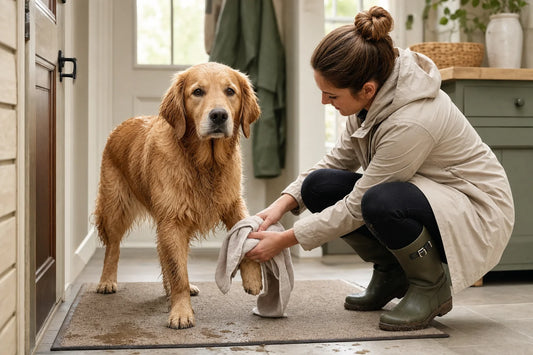 Golden-Retriever steht nach einem Spaziergang im Regen auf einer weichen Flurmatte, während eine Betreuungsperson ihm ruhig die Pfoten abtrocknet