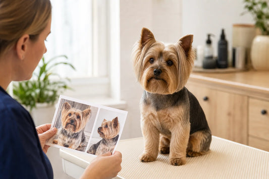 Yorkshire Terrier neben einer Betreuungsperson, die Fotos verschiedener Frisuren vergleicht