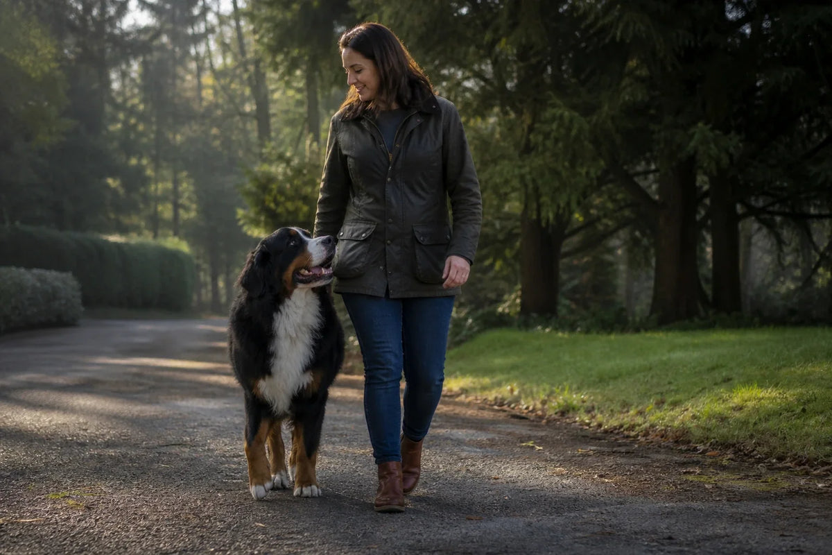 Adult Bernese Mountain Dog walking beside its owner in a green park