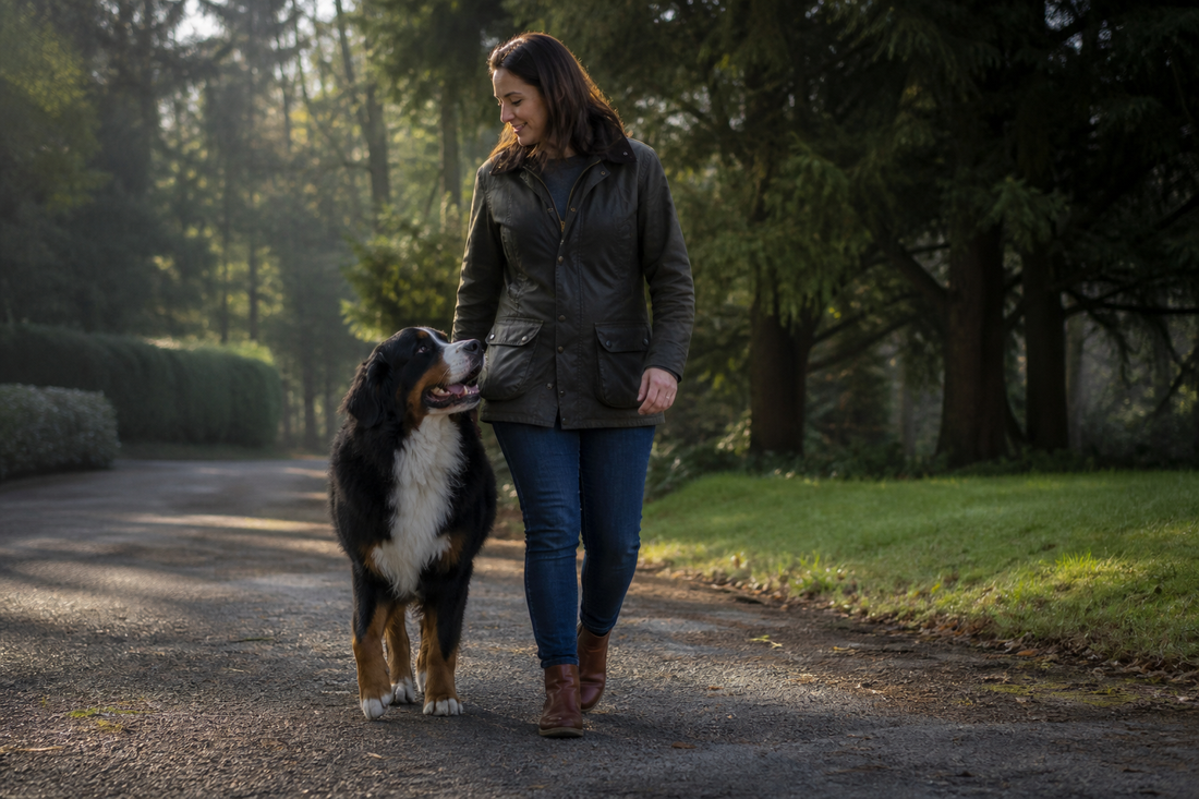 Adult Bernese Mountain Dog walking beside its owner in a green park