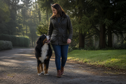 Adult Bernese Mountain Dog walking beside its owner in a green park
