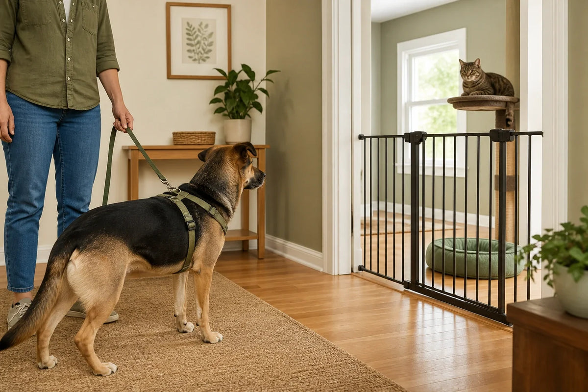 Calm leashed dog observing a cat on an elevated perch from a safe distance