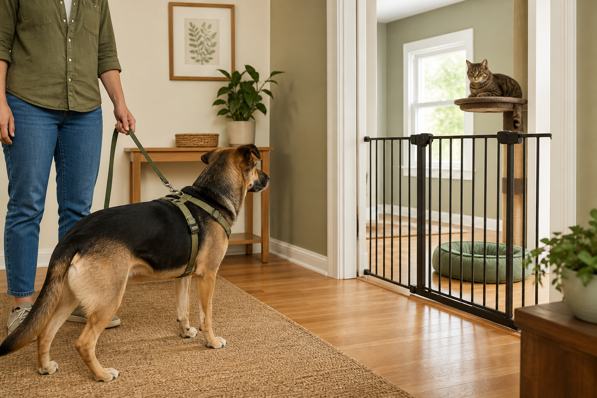 Calm leashed dog observing a cat on an elevated perch from a safe distance