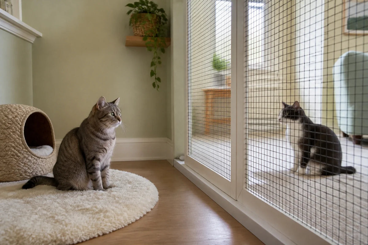 Two relaxed cats observing each other from separate areas of a room