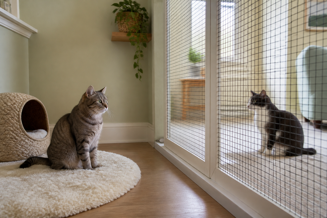 Two relaxed cats observing each other from separate areas of a room