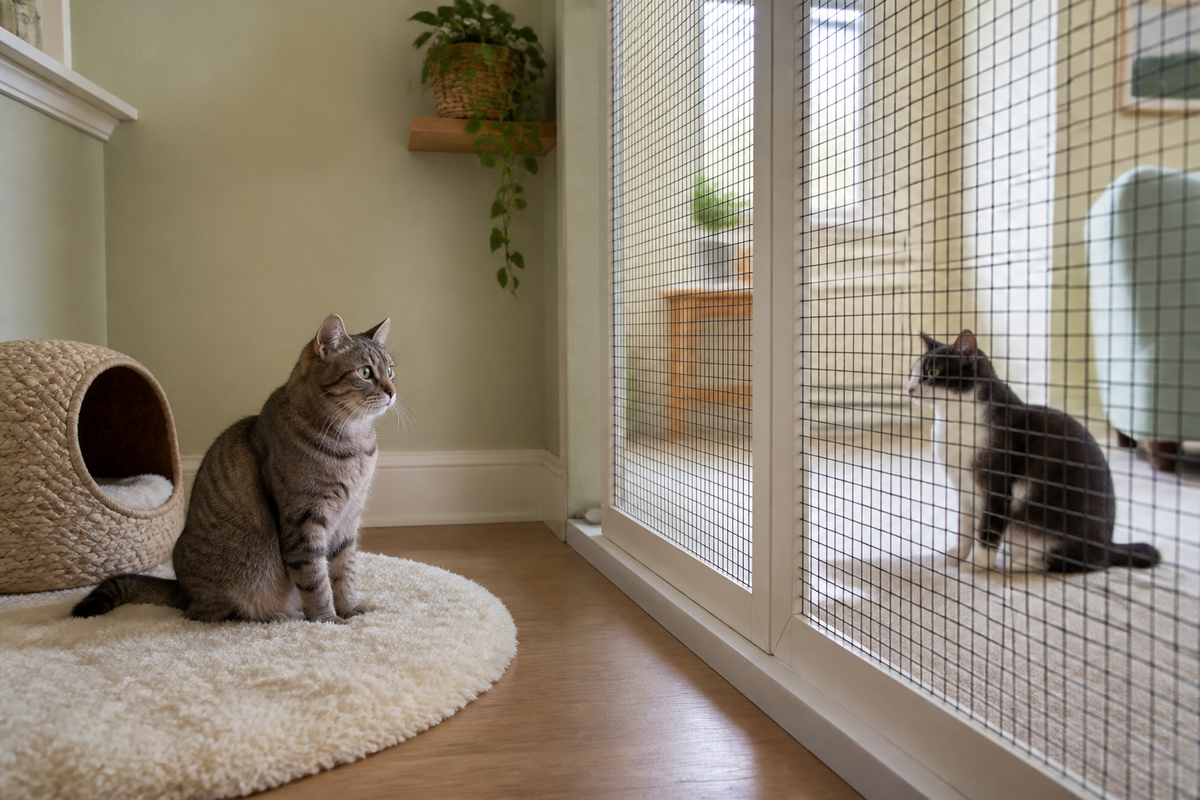 Two relaxed cats observing each other from separate areas of a room