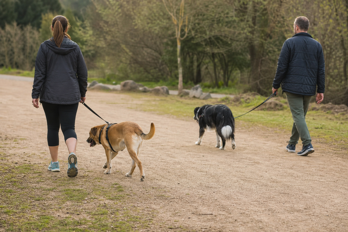 Two dogs walking in parallel with separate handlers and relaxed body language