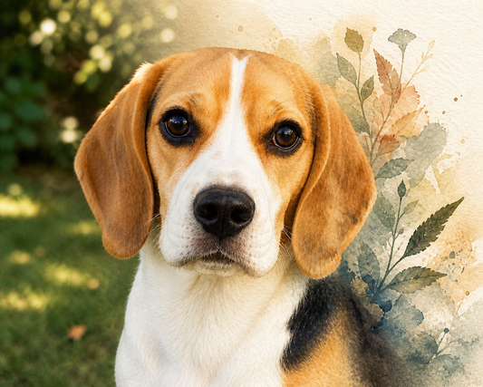 Foto personalizzata di un beagle che si trasforma in un ritratto ad acquerello dell’animale.