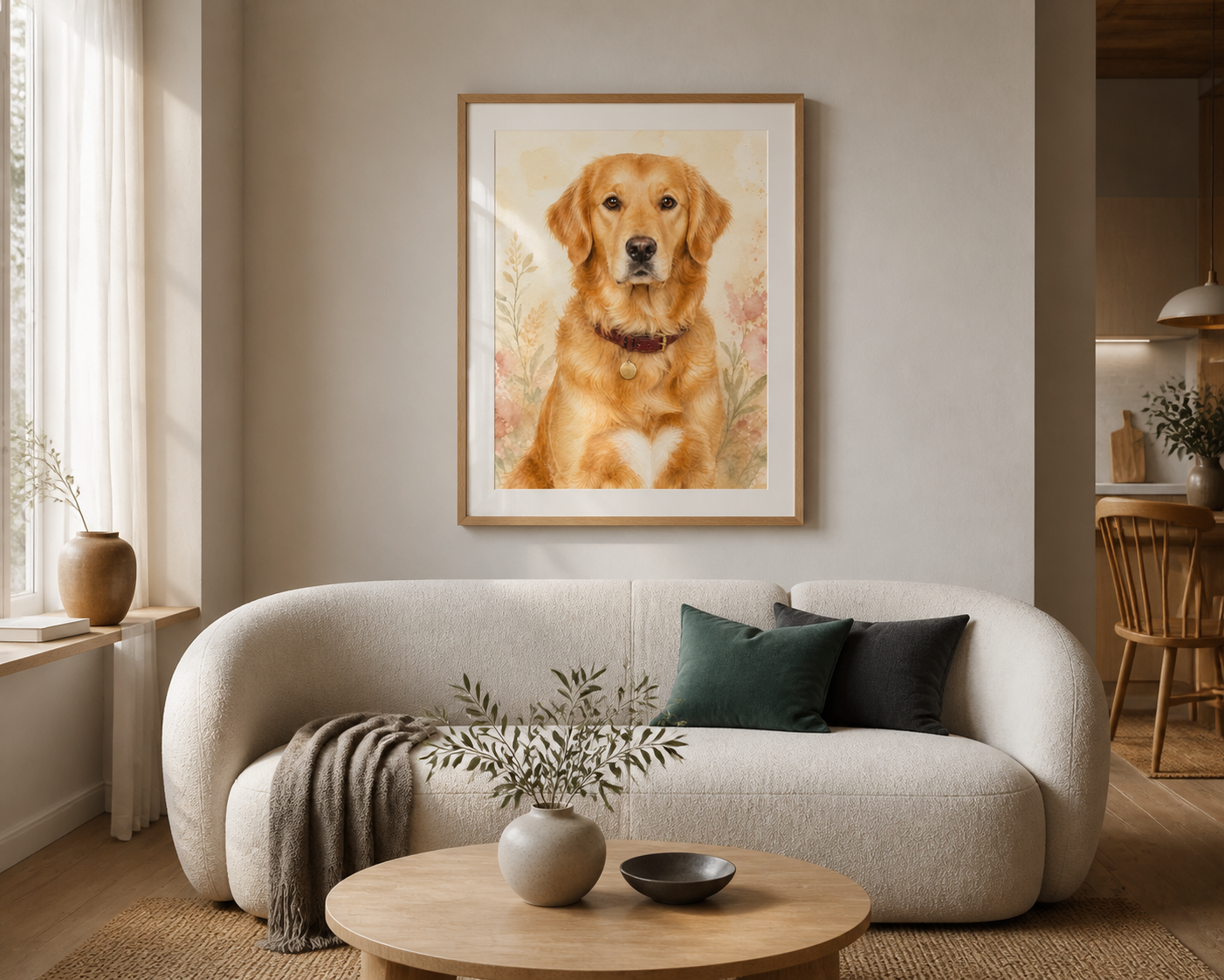 Ritratto ad acquerello di un cane di razza golden, in una cornice di rovere sopra un divano color crema.