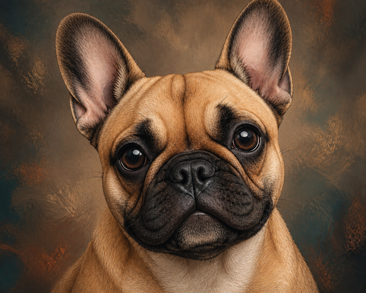 Primo piano di un ritratto artistico finito di un bulldog francese.