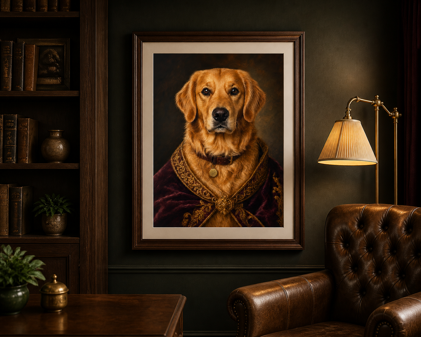 Ritratto regale di un cane di razza golden, incorniciato in una biblioteca scura.