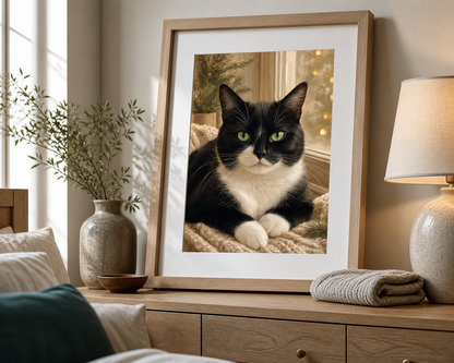 Ritratto di un gatto tuxedo in una cornice di rovere su un comò in camera da letto.