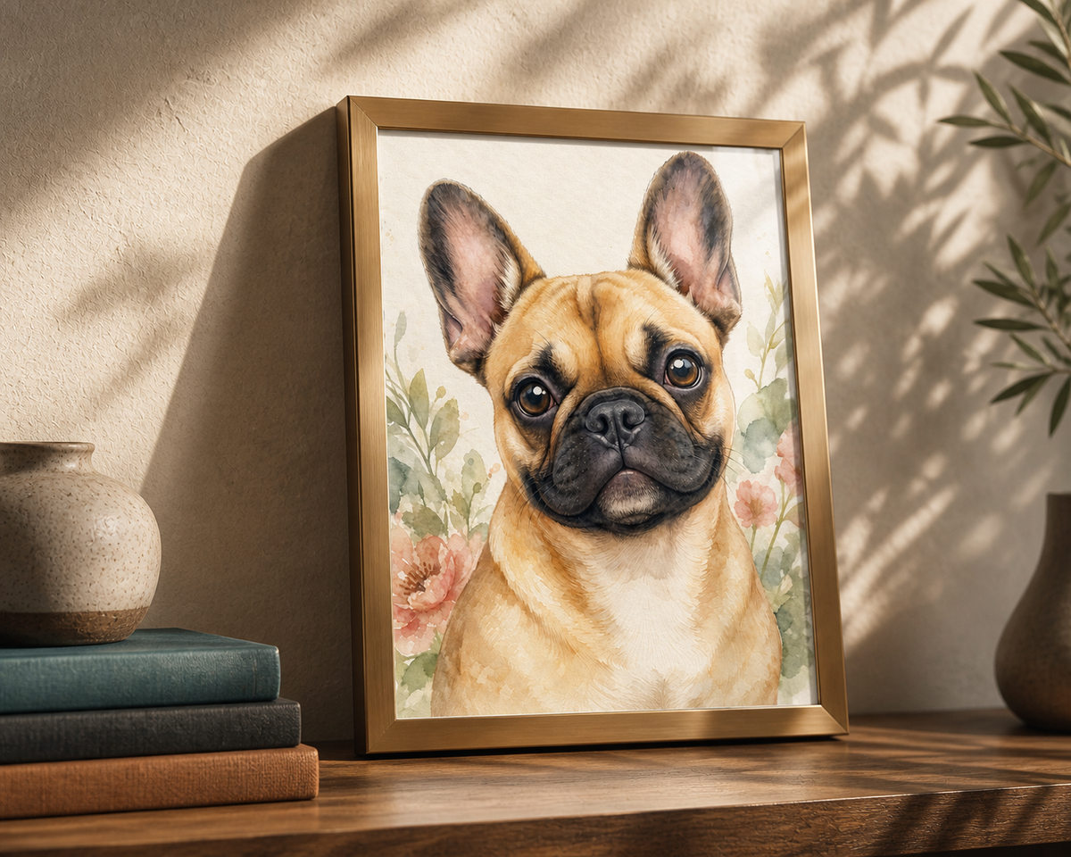 Ritratto ad acquerello di un bulldog francese in una cornice da tavolo in ottone.