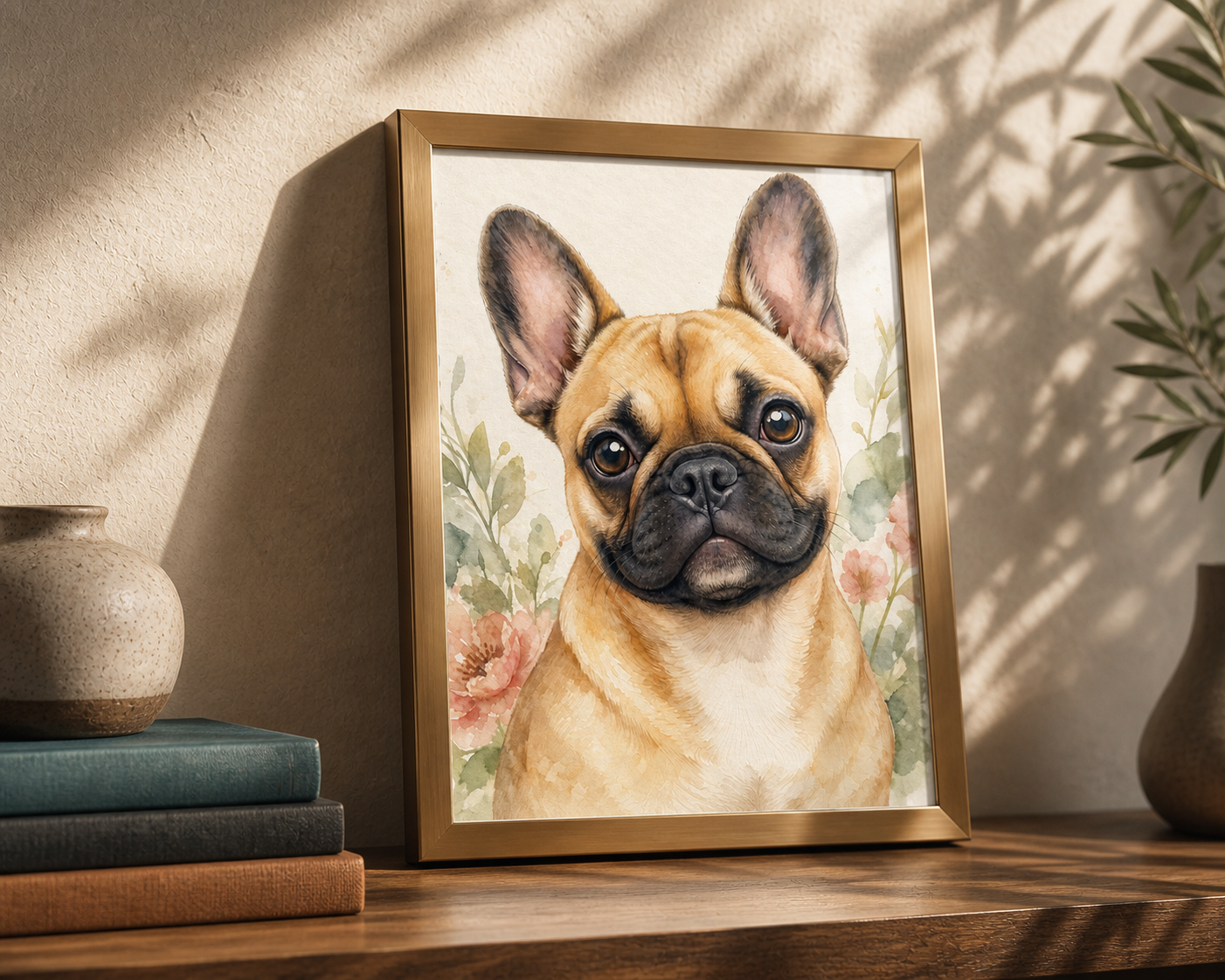 Ritratto ad acquerello di un bulldog francese in una cornice da tavolo in ottone.
