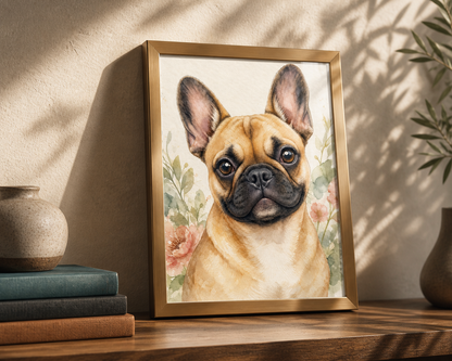 Ritratto ad acquerello di un bulldog francese in una cornice da tavolo in ottone.