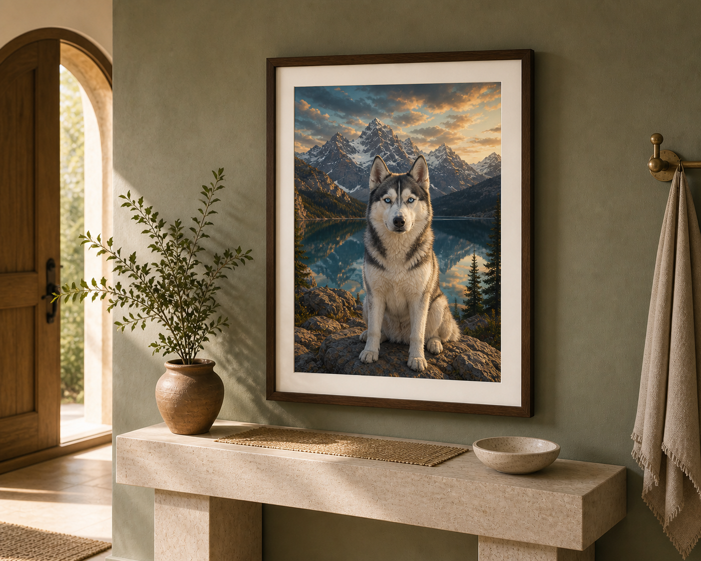 Ritratto di un husky in un paesaggio montano, incorniciato all’ingresso.