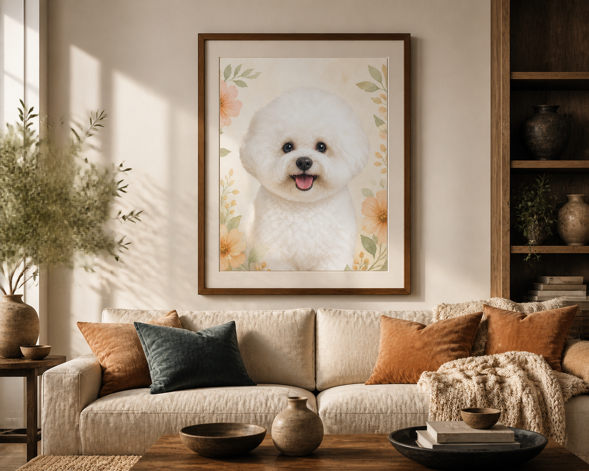 Ritratto ad acquerello di un bichon bianco, incorniciato sopra un divano dai toni neutri.